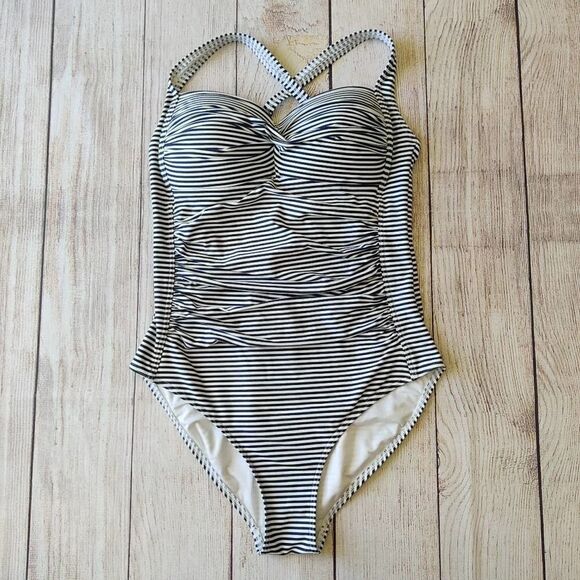 Niptuck Swim retro striped twist front tummy control ruched sides swimsuit - Picture 15 of 16